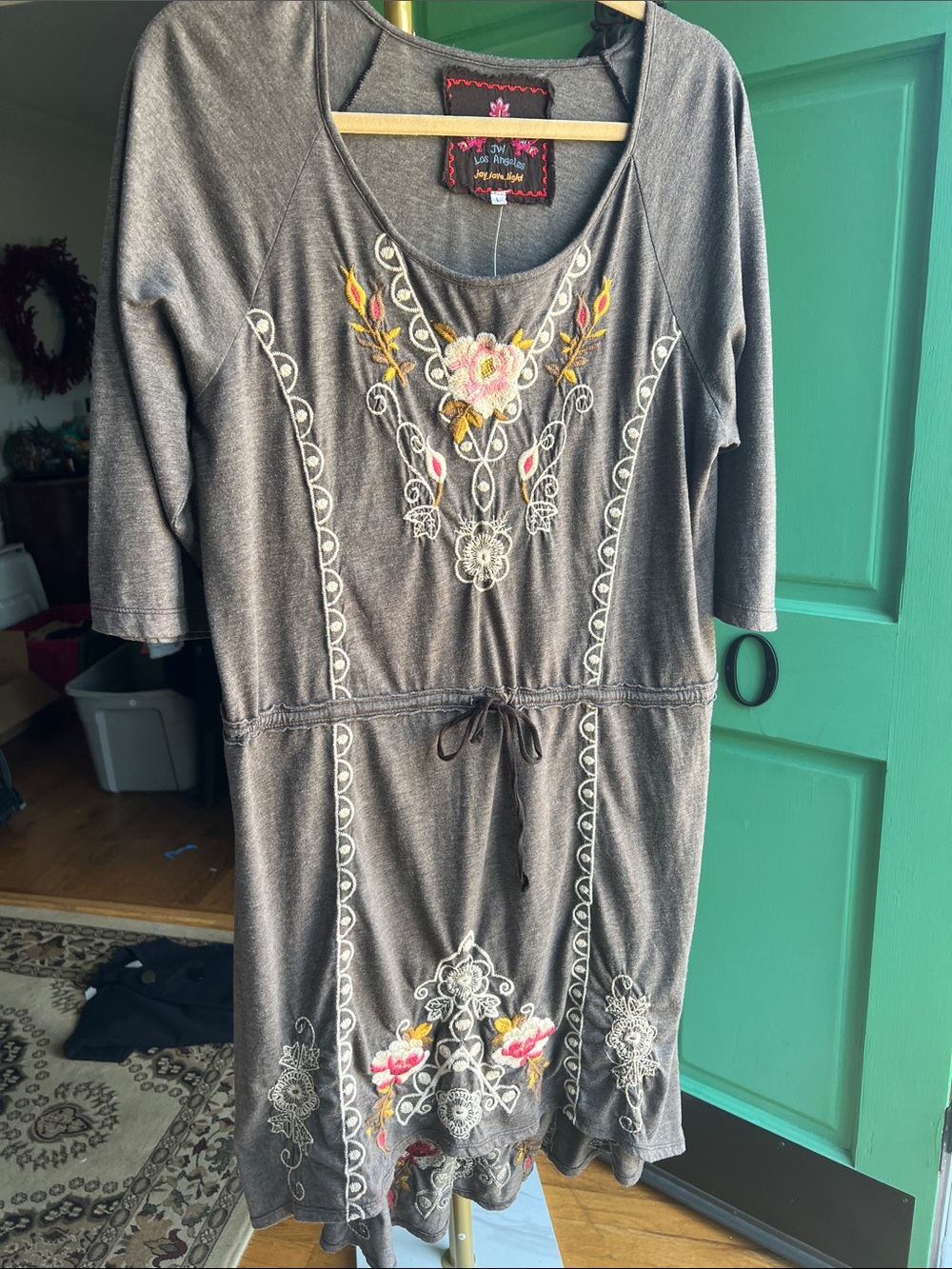 Johnny Was Gray Embroidered High-Low Dress with Pink and Yellow Floral Accents